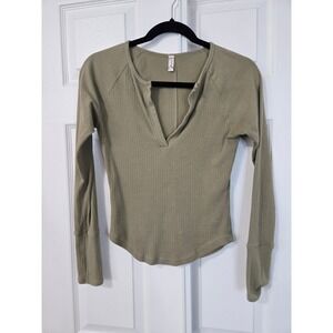 Free People Sage Green Ribbed Notched V-Neck Long Sleeve Thermal Top Small